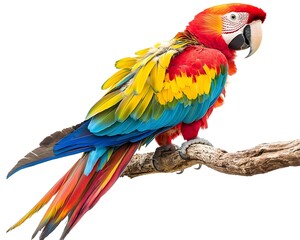 Obraz premium Vibrant Tropical Parrot Perched on Invisible Branch with Colorful Fanned Feathers Against White Background
