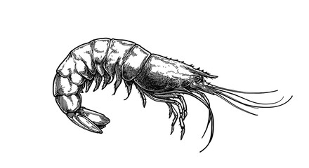 Seafood, shrimp prawn. Vintage retro print, black white seafood shrimp prawn sketch ink pencil style drawing, linear drawing, engrave old school. Sketch artwork shrimp prawn, seafood. Illustration