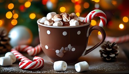 Delightful hot chocolate with marshmallows and peppermint candy a cozy winter treat celebrating warmth and festivity
