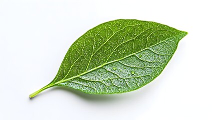 Fototapeta premium Closeup of Fresh Green Leaf with Dewdrop on White Background Representing Nature and Sustainability