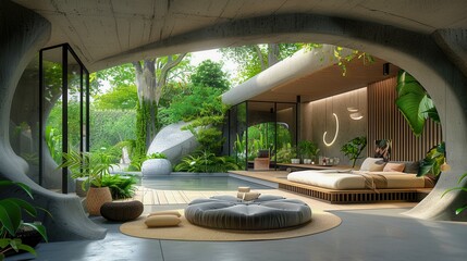 Fototapeta premium Modern Indoor-Outdoor Space with Natural Light and Tranquil Ambiance