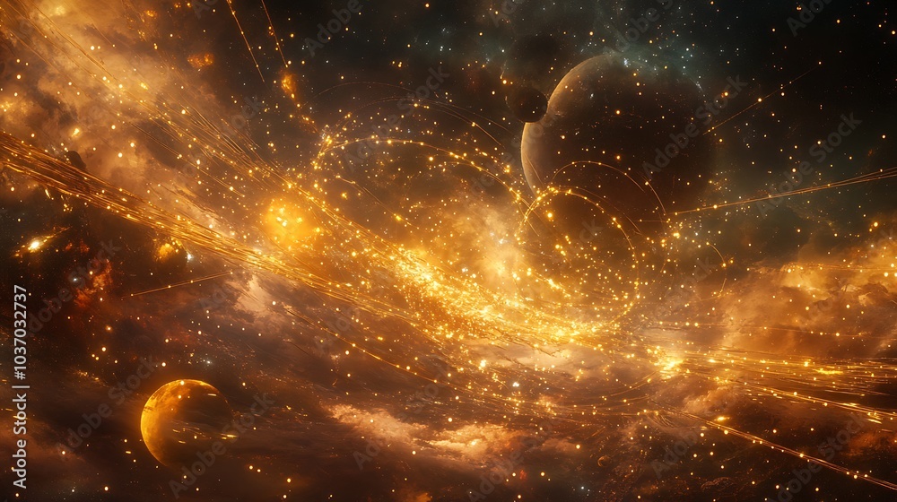 Wall mural celestial bodies interconnected by glowing lines representing unity in the universe