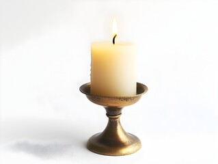 Flickering Brass Candlestick Burning Softly on Isolated White Background Symbolizing Warmth and Hope