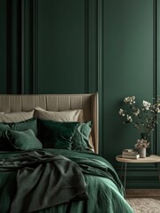 Scandinavian Bedroom Interior with Dark Green Bohemian Design