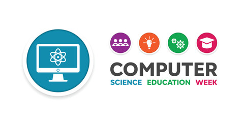 Computer Science Education Week. Computer, peoples, lamp, gear and graduation caps. Great for cards, banners, posters, social media and more. White background. 