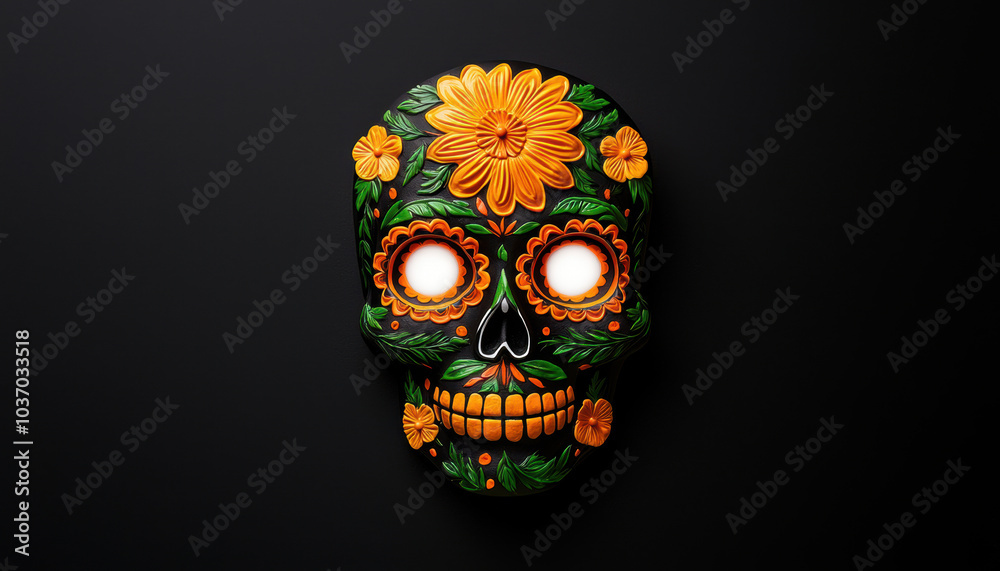 Wall mural a vibrant, artistic skull adorned with colorful flowers, embodying the themes of life, death, and ce