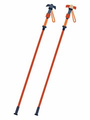 Trekking poles, hiking sticks. Adventure, active travel equipment. Mountaineering touristic gear, walking staffs pair. Flat cartoon vector graphic illustration isolated on white background

