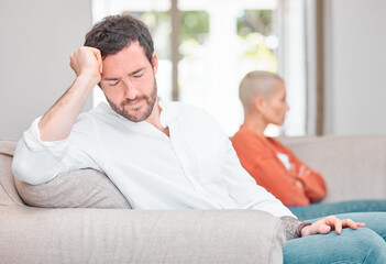 Couple, sad man and home to ignore spouse, unhappy partnership and anxiety for divorce. People, marriage conflict and toxic separation in relationship, disagreement and quiet dispute or argument