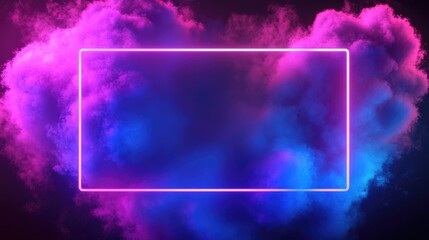 Vibrant Neon Cloudscape. Abstract Neon Formation with Blue and Purple Glow Frame