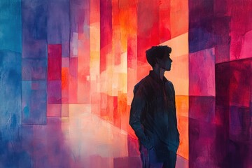 A silhouette stands against a vibrant, abstract background of colors and shapes.