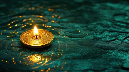 A gleaming golden coin placed beside a single diya, on a deep emerald green satin surface, with intricate patterns reflecting light, glitters and sparkles in air, low level angle, copy space, happy 