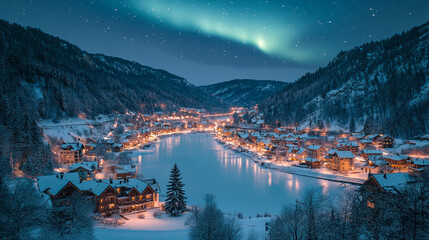 Small town decorated and lit for Christmas