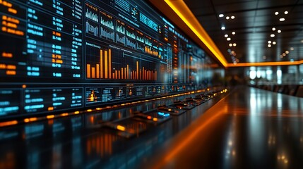 Business meeting where brokers present financial documents and investment opportunities with property images and financial charts displayed on a large screen in a modern office