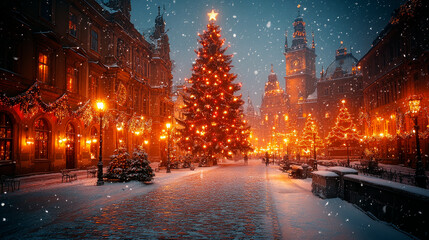 City square decorated with big Christmas tree