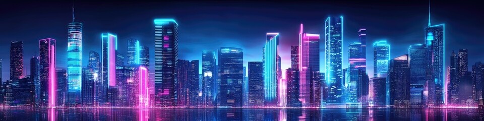 Neon Cityscape at Night. Futuristic Skyscrapers illuminate in Blue and Pink Glow