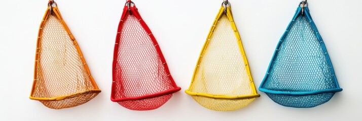 Four colorful hammock chairs hanging indoors against white wall for home decor