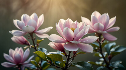 A Closeup Of A Delicate Pink Magnolia Flowers under the soft morning sunlight