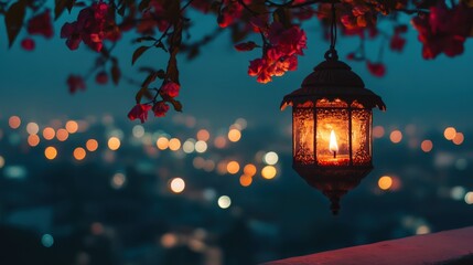 a single diya on surface and an Indian style lantern hanged on tree flowers branch coming from side, with cityscape with glowing diyas at distance in background, evening, bokeh, cinematic
