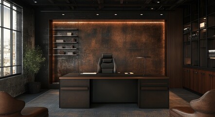 Fototapeta premium Luxurious Industrial Office Interior Design with Contemporary Dark Brown Decor