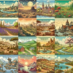 Cartoon landscapes. AI generated illustration