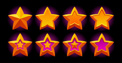 Realistic gold star set. Purple light effect. Metallic vector star. Perfect for games. Fantasy, rpg, adventure.