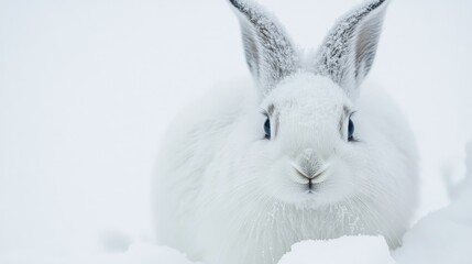 Snowy White Rabbit Portrait in the Wild Nature