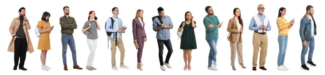 Obraz premium Queue of many people on white background