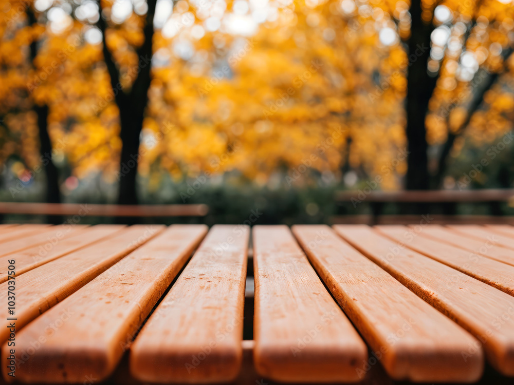 Poster Empty wooden table with blurred autumn background