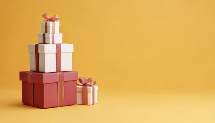 Obraz premium Colorful gift boxes stacked elegantly on a bright yellow background, perfect for celebrations and special occasions.