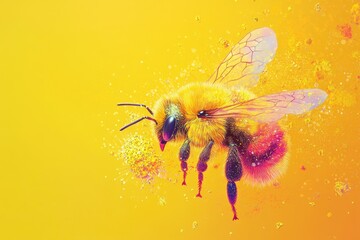 Naklejka premium Vibrant Illustration of a Bee Collecting Pollen in a Yellow Floral Environment
