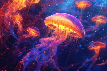 Fototapeta premium Neon Glowing Jellyfish in Abstract Oceanic Environment