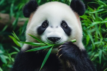 Fototapeta premium Rare Giant Panda Feasting on Bamboo in a Chinese Zoo