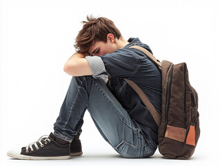Sad boy sitting alone with backpack on floor