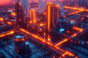 Fototapeta premium A vibrant industrial complex with glowing pipelines and smokestacks at night.
