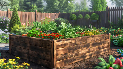 Wooden raided beds in modern garden growing plants herbs spices vegetables and flowers near a wooden house in the countryside