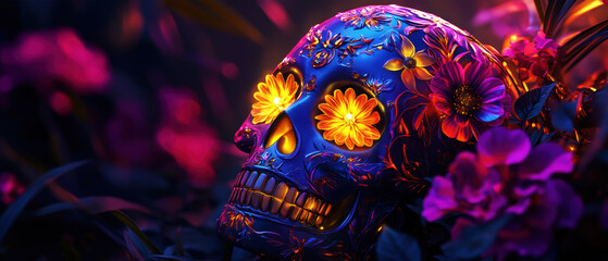 A vividly decorated skull surrounded by colorful flowers emits a mystical glow, creating an enchanting and surreal atmosphere.