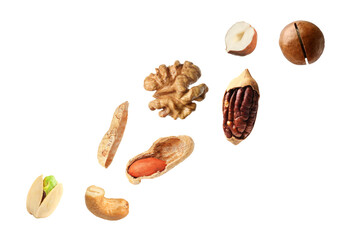 Macadamia and other nuts in air on white background