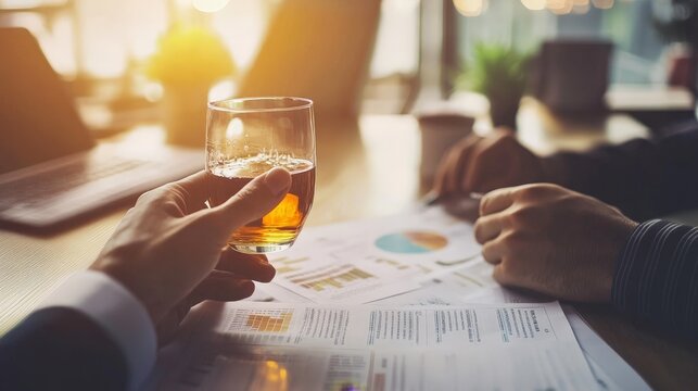Enjoying a Refreshing Drink: A Moment of Collaboration and Planning Amidst Insightful Business Discussions and Data Analysis