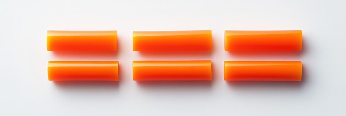 Fototapeta premium Six orange foam cylinders aligned horizontally on white background