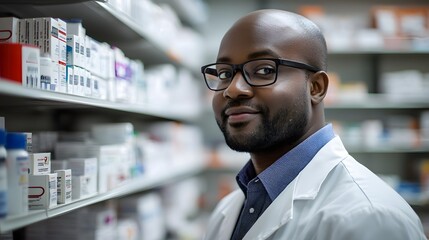 Obraz premium Pharmacist Near Medicine Shelves in Pharmacy Setting
