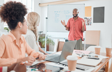 Obraz premium Meeting, presentation and whiteboard proposal with designer business people in creative workplace for intro. Company, training and vision with man talking to employee team in office for development