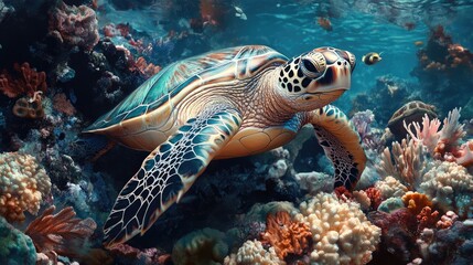 Fototapeta premium Endangered Sea Turtle and Vibrant Coral in Tropical Marine Environment