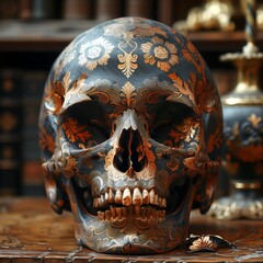 Human skull made of gold and wood