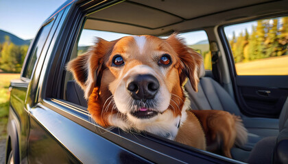 Close-Up Depiction of a Dog in a Pick-Up Ride, Featuring Travel Comfort, Canine Enjoyment, and Vehicle Interior