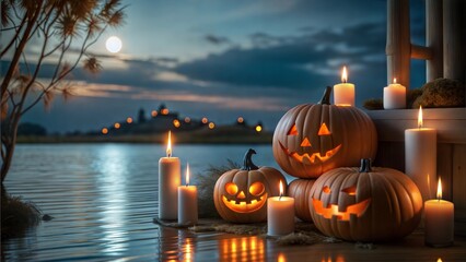 Fototapeta premium Carved pumpkins with candles glowing on a serene waterfront during Halloween night