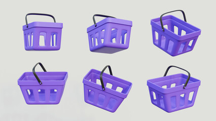 Set of shopping purple carts on isolated background. 3d shops cart selling groceries supermarket, floating plastic market bucket realistic baskets for customer goods, creative product. © HalukYakup