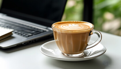 Close-up view of hot coffee latte with milk foam in mug cup and laptop computer, business work concept