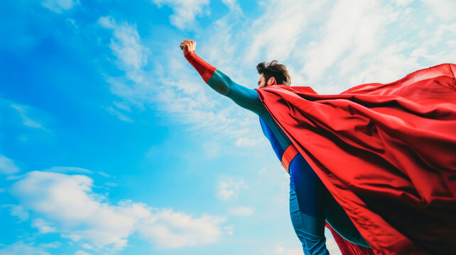 Determined superhero flying in blue skies