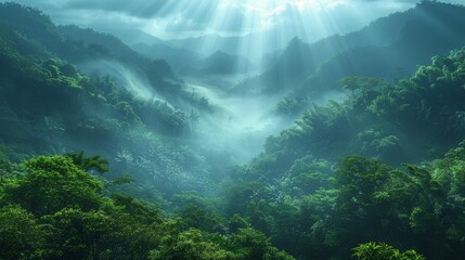 Obraz premium Sunbeams illuminating the misty jungle landscape
