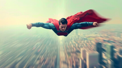 Superhero flying over a city